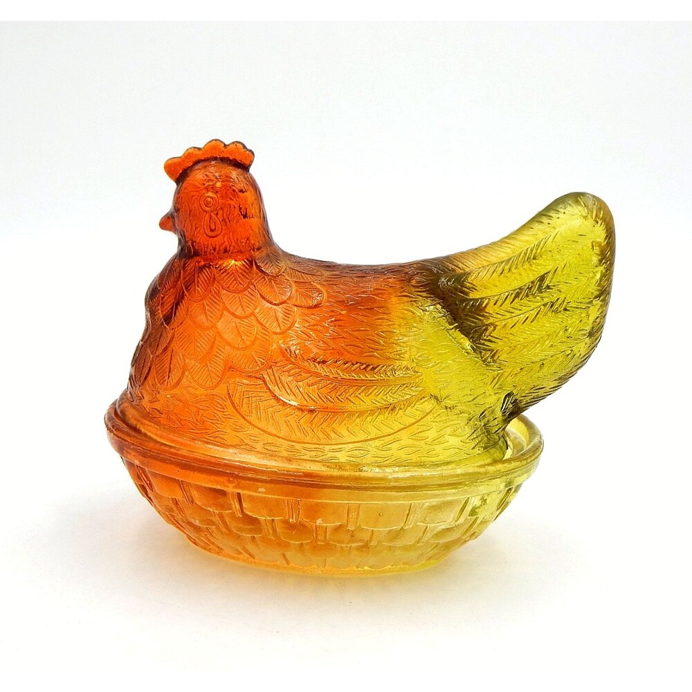 Glass Hen On Nest Ombre Amber Yellow 6 Inch Covered Candy Dish Vintage - Picture 2 of 14